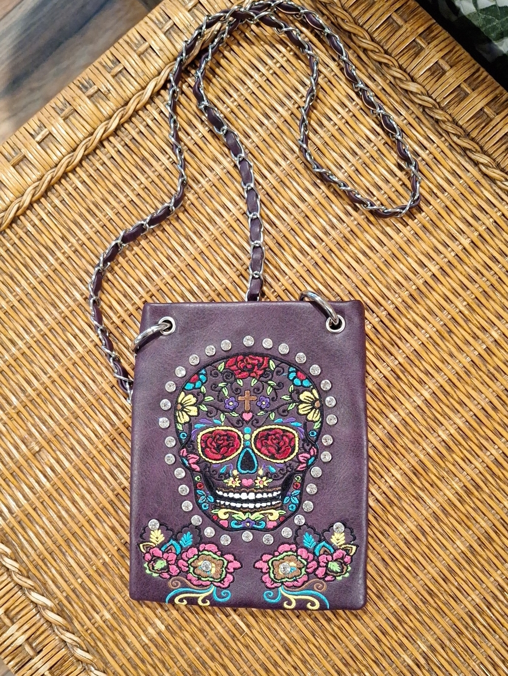 Embroidered Purple Day of the Dead Crossbody Bag
